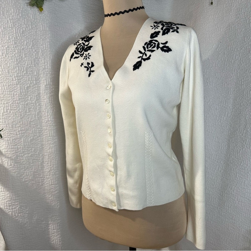 Valerie Separates Cream Button Up Cardigan Sweater w/ Black Floral Embroidery/M - Picture 2 of 9